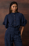 CAMIA TOP - NAVY PINSTRIPES