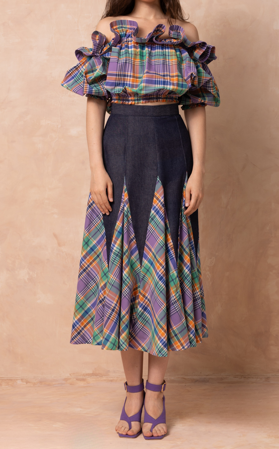 CANBERRA SKIRT - PURPLE PLAID DENIM