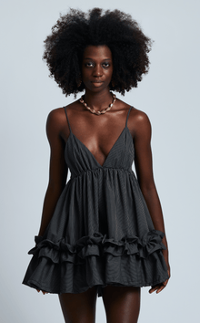  KENYA DRESS - BLACK MICRO STRIPES