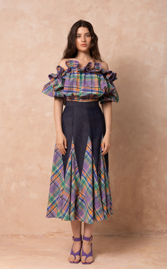 CANBERRA SKIRT - PURPLE PLAID DENIM