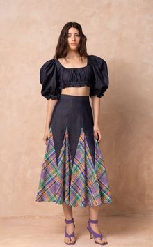  CANBERRA SKIRT - PURPLE PLAID DENIM