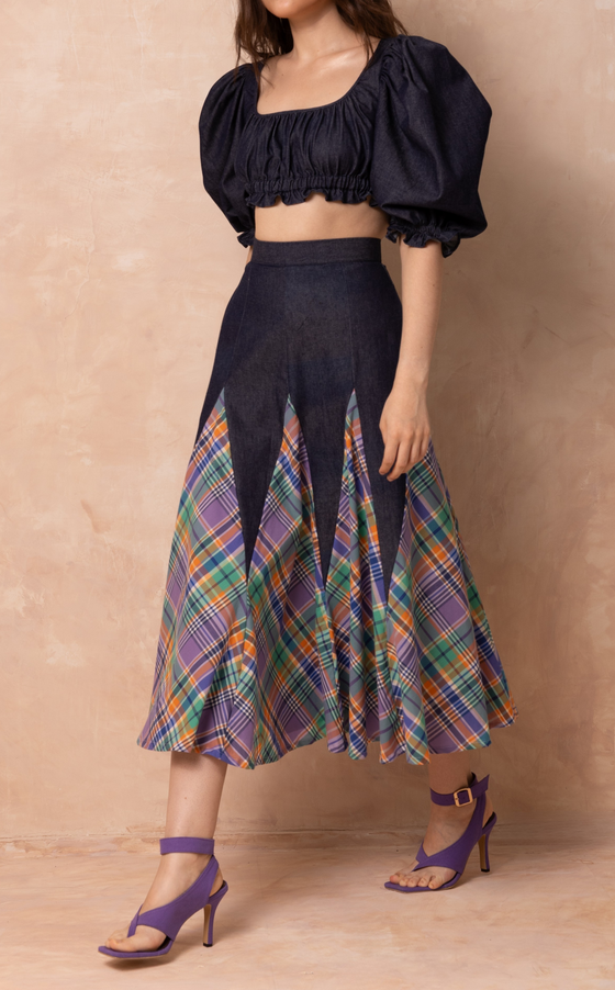CANBERRA SKIRT - PURPLE PLAID DENIM