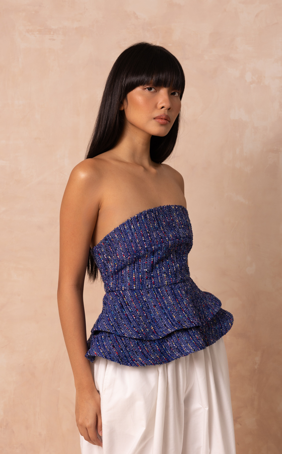 CUYO CORSET TOP - BLUE TWEED (PRE ORDER)